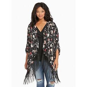 Torrid Black Floral Print Crepe Lightweight Fringe Tassel Kimono Size: 4X (26)
